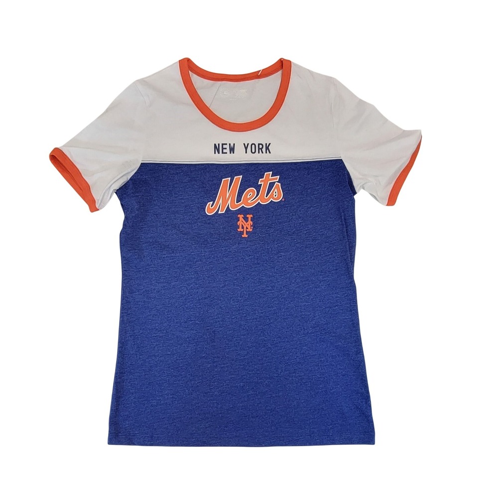 New York Mets Womens Size Small Ringer‎ T Shirt Orange Blue White